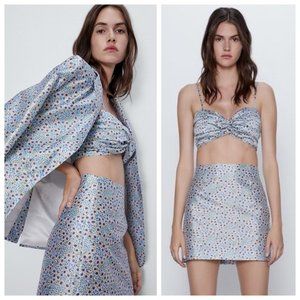 Zara Satin Tafetta Blue Ditsy Floral High Waist Mini Skirt